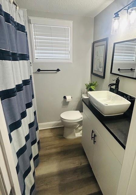 6401 30th Way N, Saint Petersburg, FL 33702 - full bath with a textured ceiling, toilet, baseboards, wood finished floors, and vanity