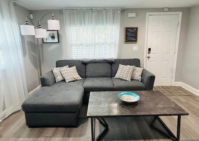 6401 30th Way N, Saint Petersburg, FL 33702 - living room featuring baseboards and wood finished floors