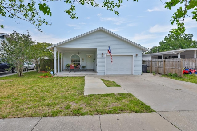 view of front of home featuring a front lawn, a garage, covered porch, driveway, and fence