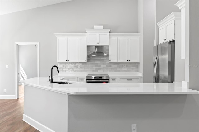 kitchen with tasteful backsplash, wood finished floors, a sink, stainless steel appliances, and wall chimney exhaust hood