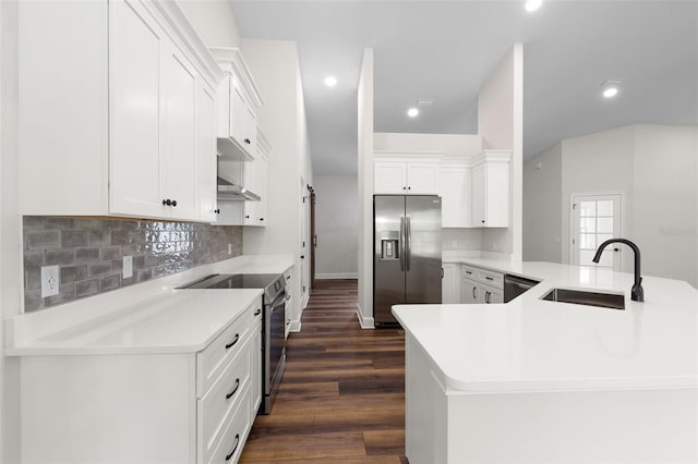 kitchen featuring dark wood-style floors, recessed lighting, a sink, appliances with stainless steel finishes, and backsplash