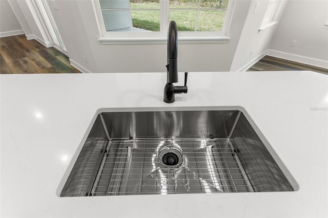 interior details featuring a sink and wood finished floors