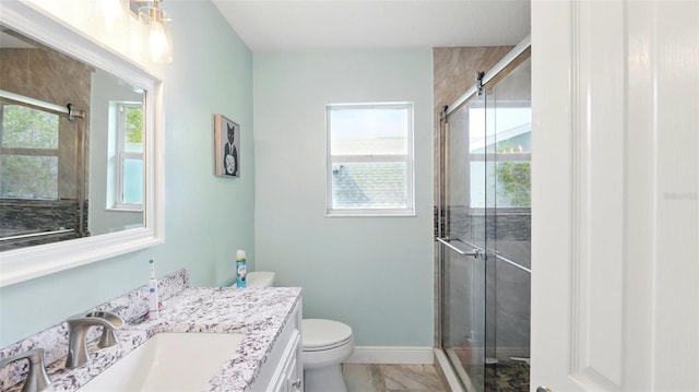 4396 5th Isle Dr, Hernando Beach, FL 34607 - bathroom with a healthy amount of sunlight, vanity, a stall shower, and marble finish floor