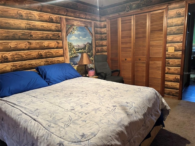 carpeted bedroom with rustic walls and a closet
