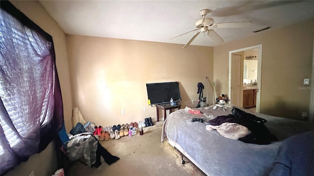 bedroom featuring visible vents, connected bathroom, and ceiling fan