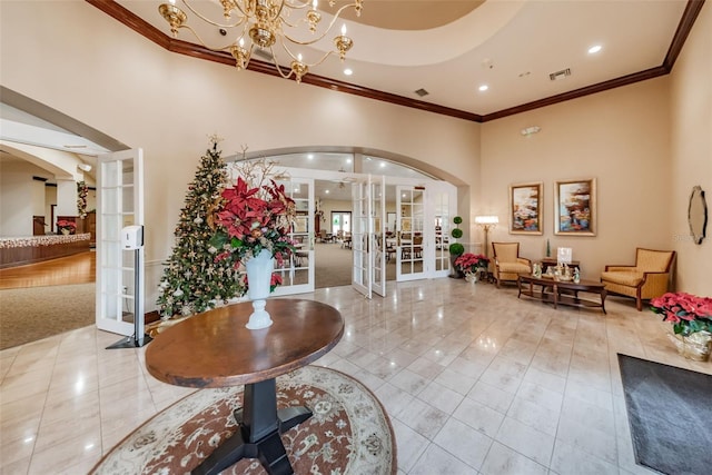617 Glastonbury Ct, Spring Hill, FL 34609 - common area featuring crown molding, a towering ceiling, and recessed lighting