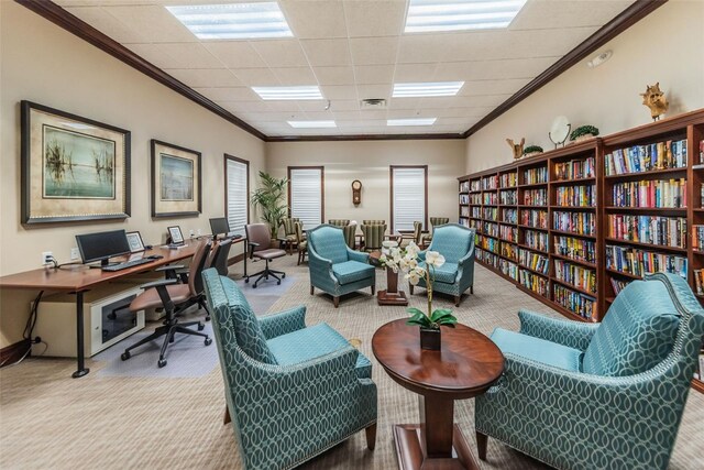 617 Glastonbury Ct, Spring Hill, FL 34609 - carpeted home office with crown molding and a drop ceiling