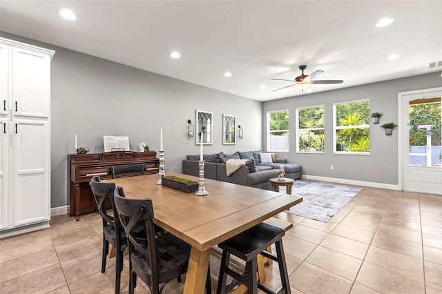 dining area featuring a ceiling fan, visible vents, light tile patterned floors, baseboards, and recessed lighting