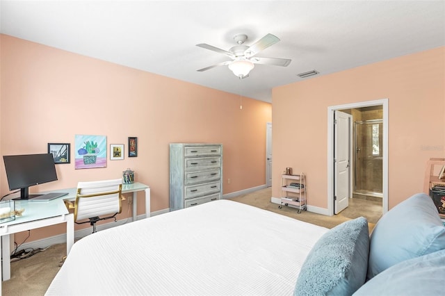 bedroom featuring light colored carpet, baseboards, visible vents, and a ceiling fan