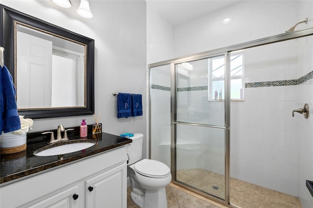 full bathroom featuring toilet, a shower stall, and vanity