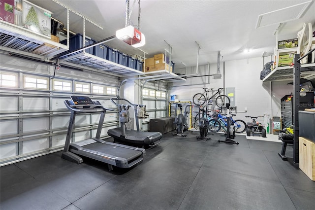 exercise room featuring a garage