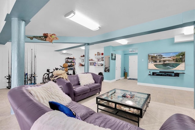 tiled living room featuring an AC wall unit