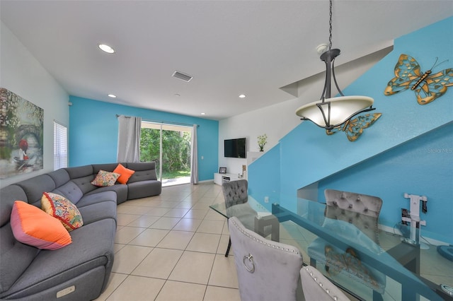 living room featuring recessed lighting, visible vents, and light tile patterned floors