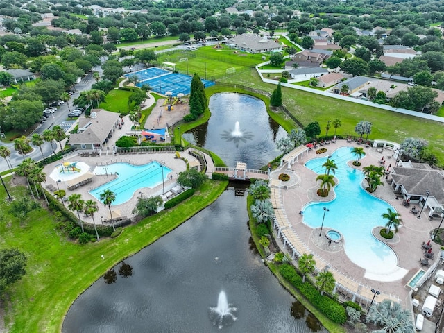 aerial view featuring a water view
