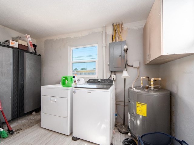 11397 122nd Ave, Largo, FL 33778 - laundry area featuring electric panel, water heater, washing machine and clothes dryer, cabinet space, and light wood finished floors