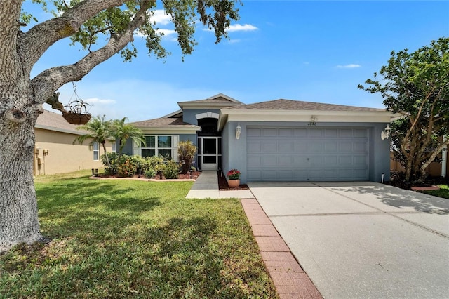 ranch-style home with a front yard, stucco siding, a shingled roof, concrete driveway, and an attached garage