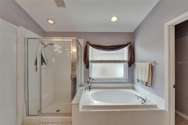 full bath featuring recessed lighting, visible vents, a shower stall, and a garden tub