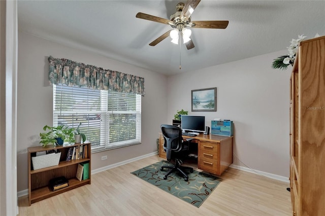 office space featuring a ceiling fan, baseboards, and light wood-type flooring