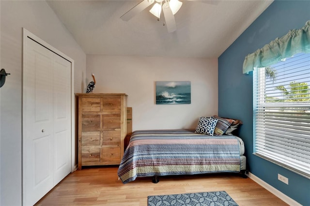 bedroom featuring ceiling fan and wood finished floors