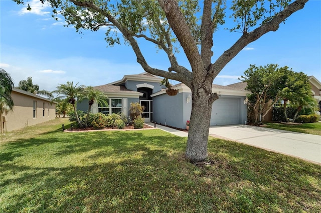 ranch-style house featuring stucco siding, driveway, a front lawn, and a garage