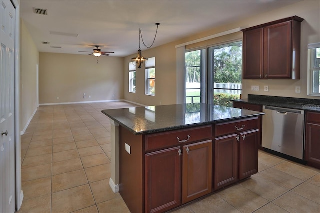 kitchen with dishwasher, a ceiling fan, visible vents, and light tile patterned floors