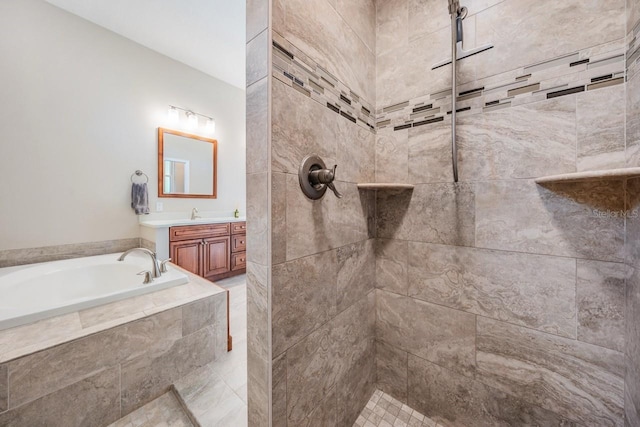 full bath with a bath, a tile shower, and vanity