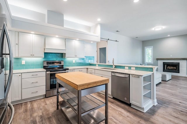 kitchen featuring custom exhaust hood, a sink, light countertops, a peninsula, and appliances with stainless steel finishes