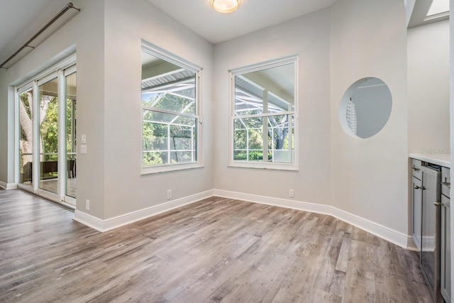 unfurnished dining area featuring baseboards and wood finished floors