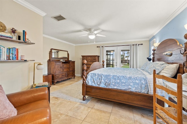 tiled bedroom featuring ornamental molding, french doors, access to exterior, and visible vents