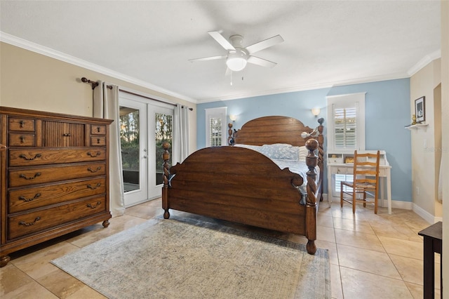 bedroom with crown molding, french doors, baseboards, and access to exterior
