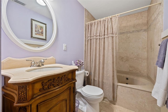 bathroom with shower / bath combo, toilet, visible vents, tile patterned flooring, and vanity