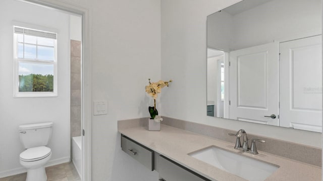 full bath with toilet, a washtub, baseboards, walk in shower, and vanity
