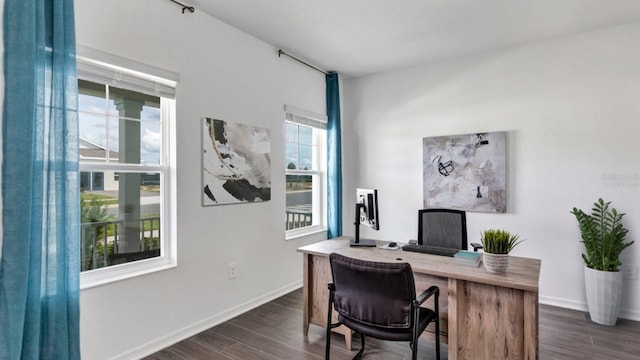 home office with baseboards and dark wood-style floors