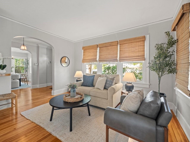 living room featuring arched walkways, wood finished floors, and baseboards