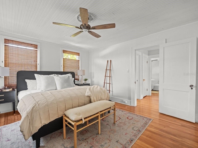bedroom with wood ceiling, ceiling fan, and light wood finished floors