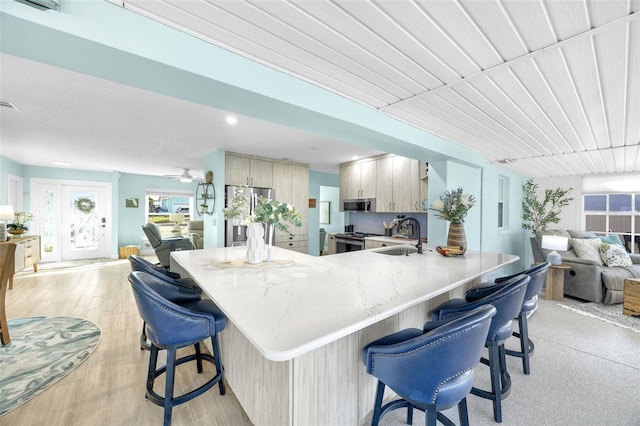 1015 Spindle Palm Way, Apollo Beach, FL 33572 - kitchen with a sink, light stone counters, a peninsula, open floor plan, and stainless steel appliances