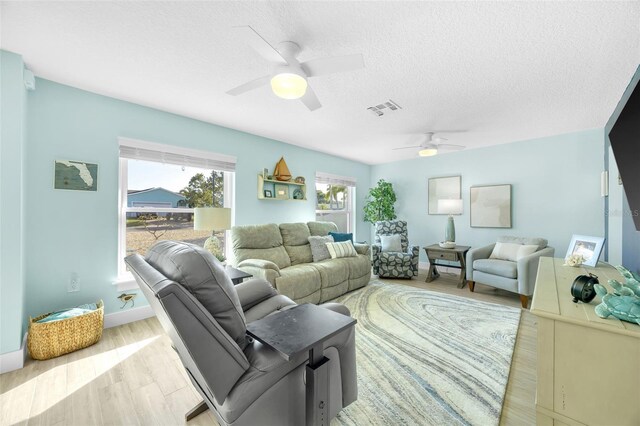 1015 Spindle Palm Way, Apollo Beach, FL 33572 - living area with a ceiling fan, light wood finished floors, a textured ceiling, and visible vents