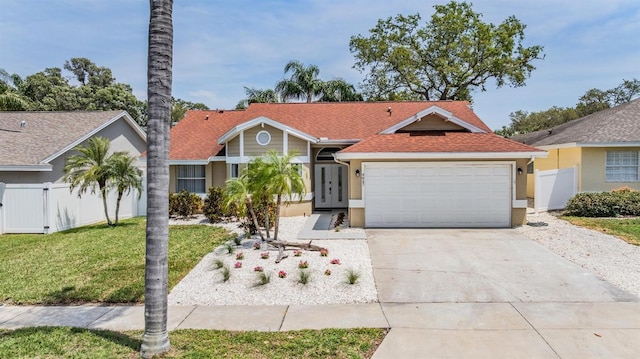 ranch-style home with fence, stucco siding, driveway, and an attached garage