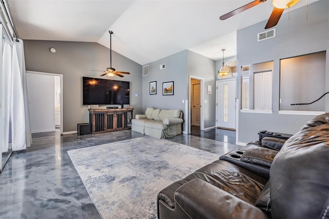 living area with visible vents, high vaulted ceiling, a ceiling fan, and baseboards