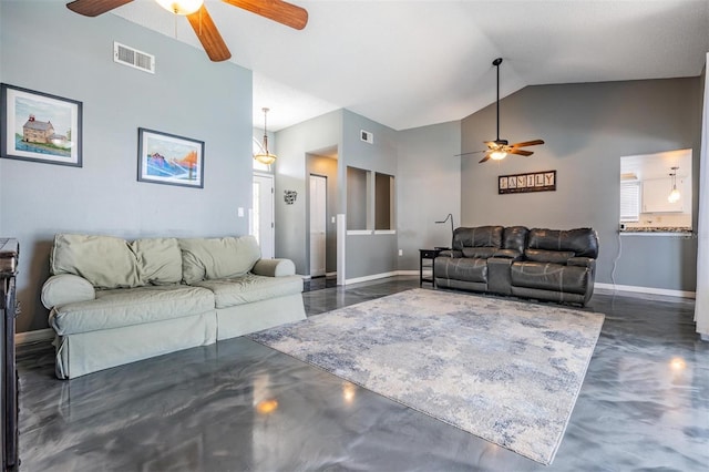 living area featuring concrete floors, ceiling fan, baseboards, and visible vents