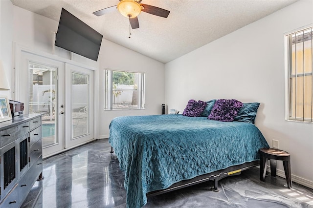 bedroom with lofted ceiling, a textured ceiling, access to exterior, baseboards, and french doors