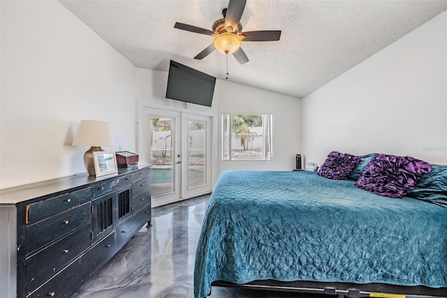 bedroom with access to outside, vaulted ceiling, a ceiling fan, a textured ceiling, and french doors