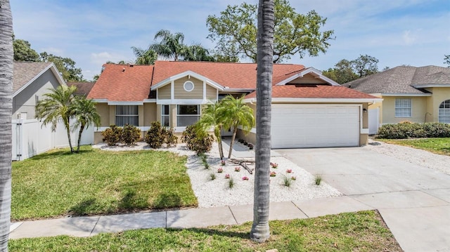 ranch-style home featuring stucco siding, a front lawn, driveway, and an attached garage