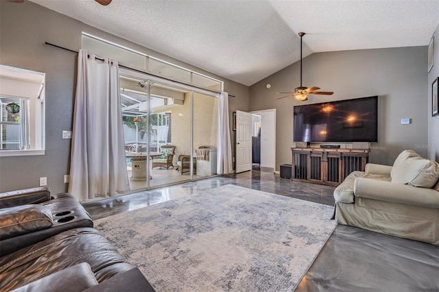 living area with a ceiling fan, vaulted ceiling, and a textured ceiling