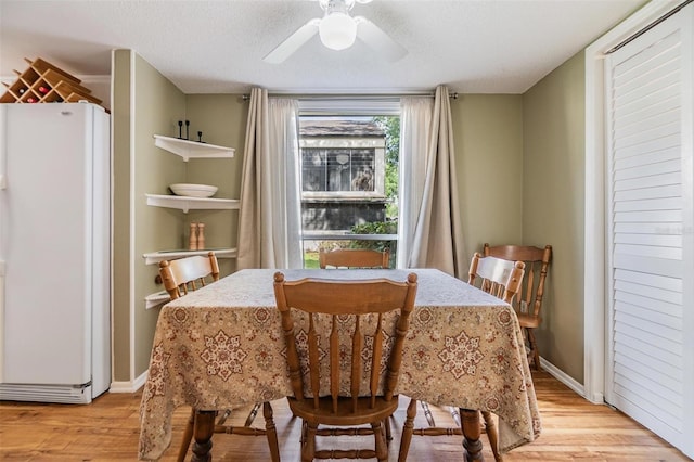 4917 Puritan Cir Unit 105, Tampa, FL 33617 - dining room with light wood finished floors, ceiling fan, baseboards, and a textured ceiling