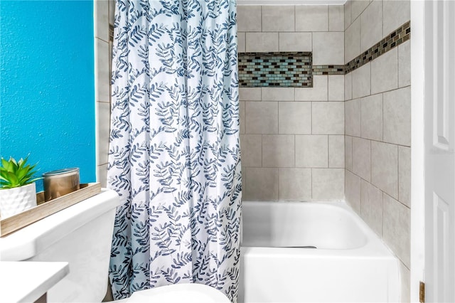full bathroom with shower / bathtub combination with curtain and toilet