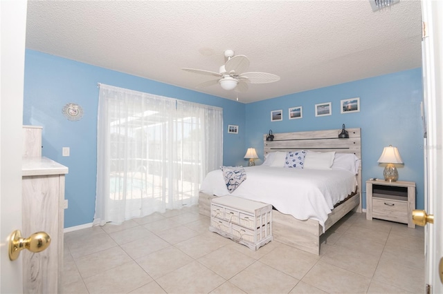 7812 Turnbridge Dr, Port Richey, FL 34668 - tiled bedroom with a textured ceiling, a ceiling fan, and access to exterior