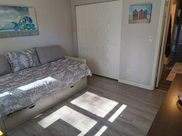 bedroom featuring baseboards, wood finished floors, and a closet