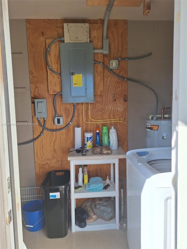 utilities with electric panel, electric water heater, and washer / dryer