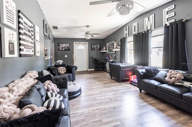 2002 SE Rhode Island St, Arcadia, FL 34266 - living area with ceiling fan, lofted ceiling, and wood finished floors